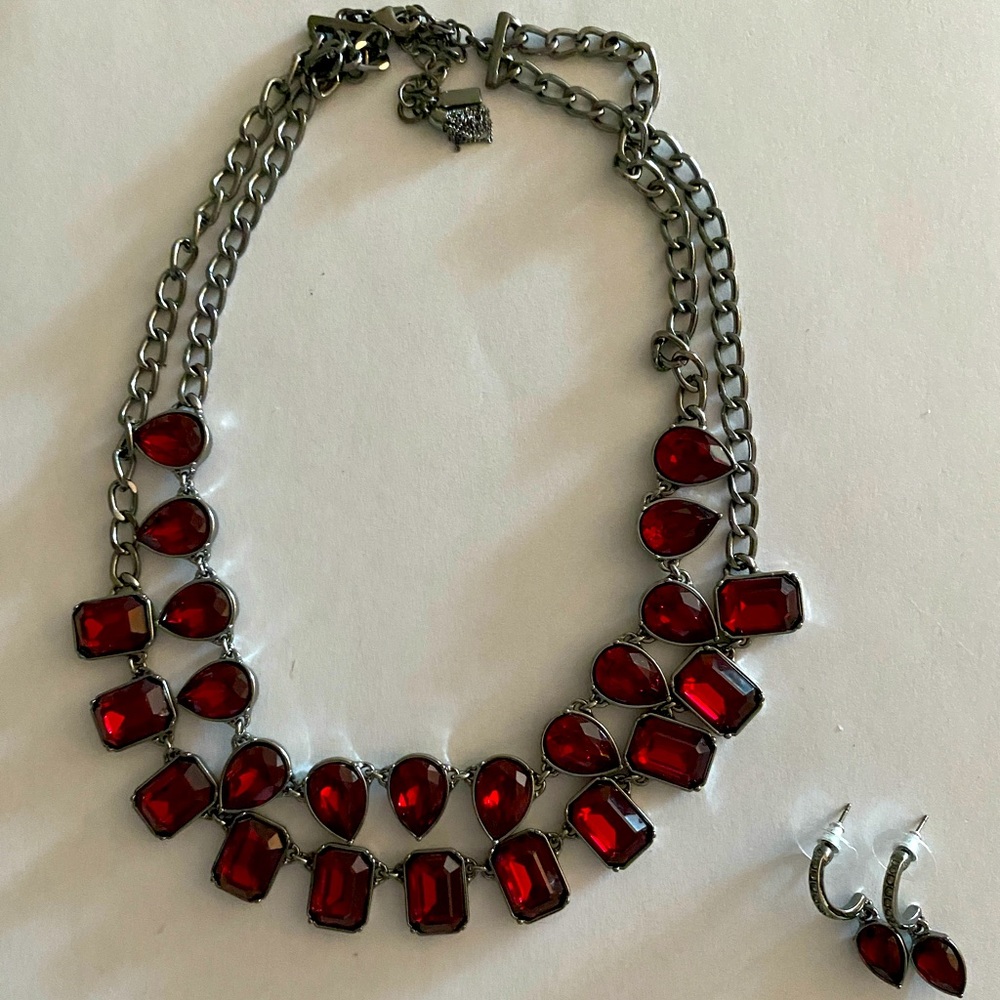 Red jewel statement necklace and earrings